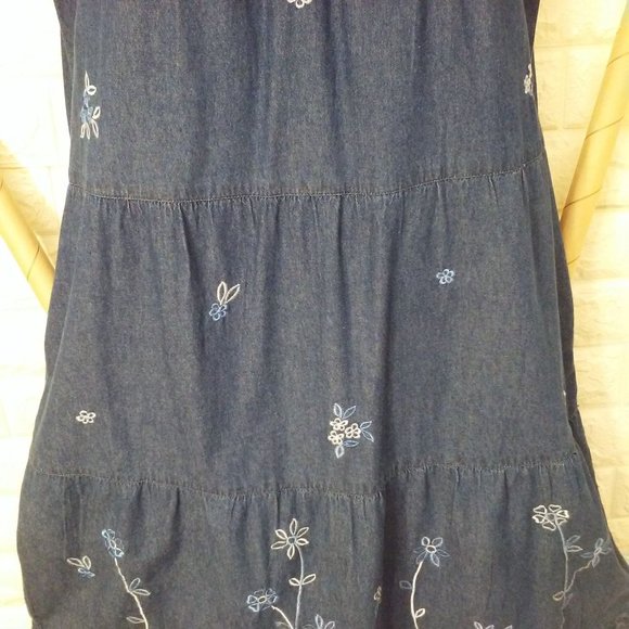 Vintage 90s Denim Jumper Pinafore Dress -M Embroidered Floral Pockets Lace Trim - Picture 4 of 9